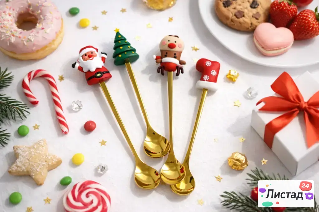Новогодние ложечки для кофе/чая 4 шт — Санта, ёлка, олень, носок 🎄☕