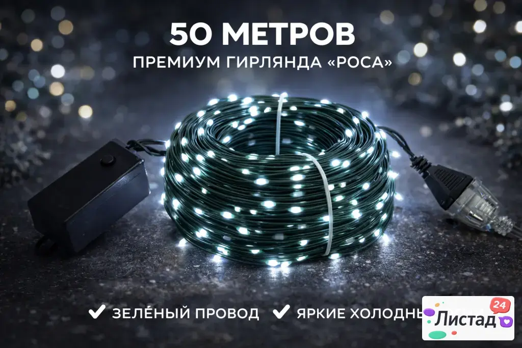 Премиум‑гирлянда “РОСА” 50 метров – обмотай всю ёлку, потолок и ещё кота останется ✨